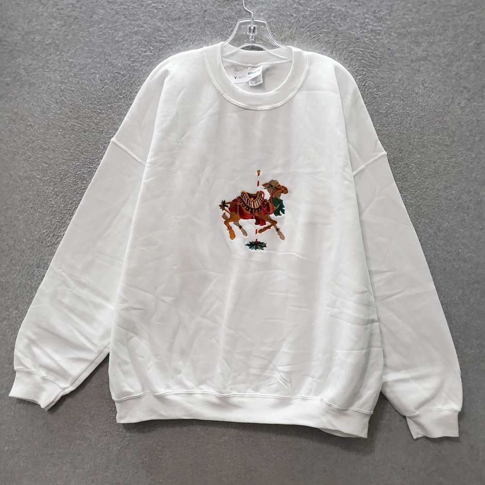 VINTAGE Carousel Men Sweater 2XL White Embroidered Circus Liama Heavy‎ Blend